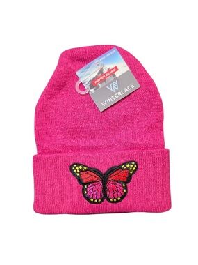 Kids Pink Butterfly Knit Beanie